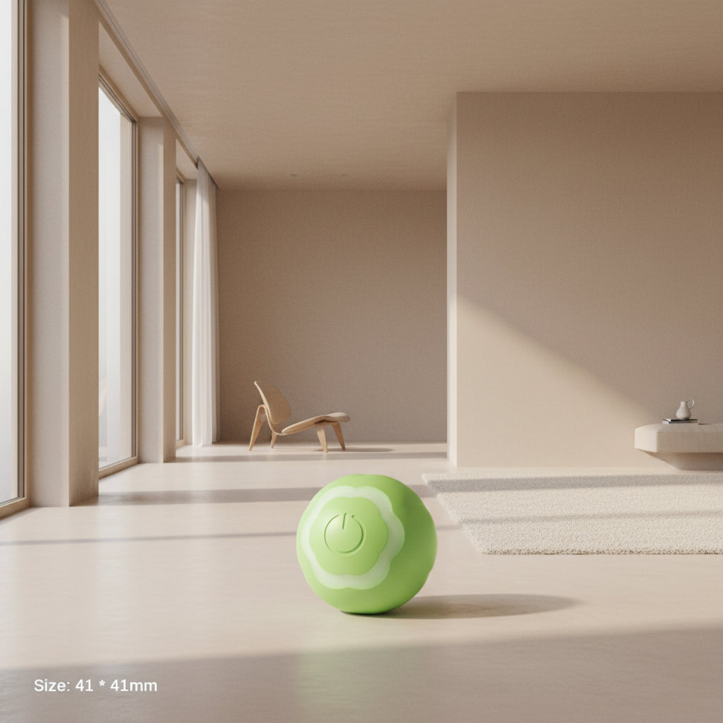 Green rolling ball with a power symbol on a light green background